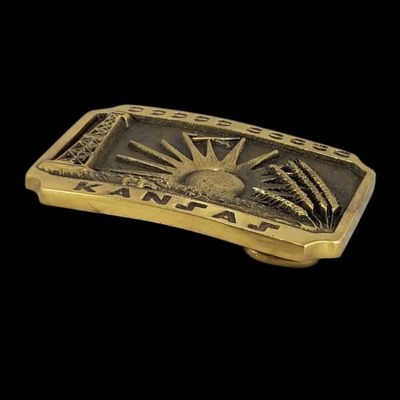 Vintage 1979 Kansas Solid Brass Belt Buckle Heritage Mint Ltd Oil Wheat 10-1858 - Picture 4 of 10